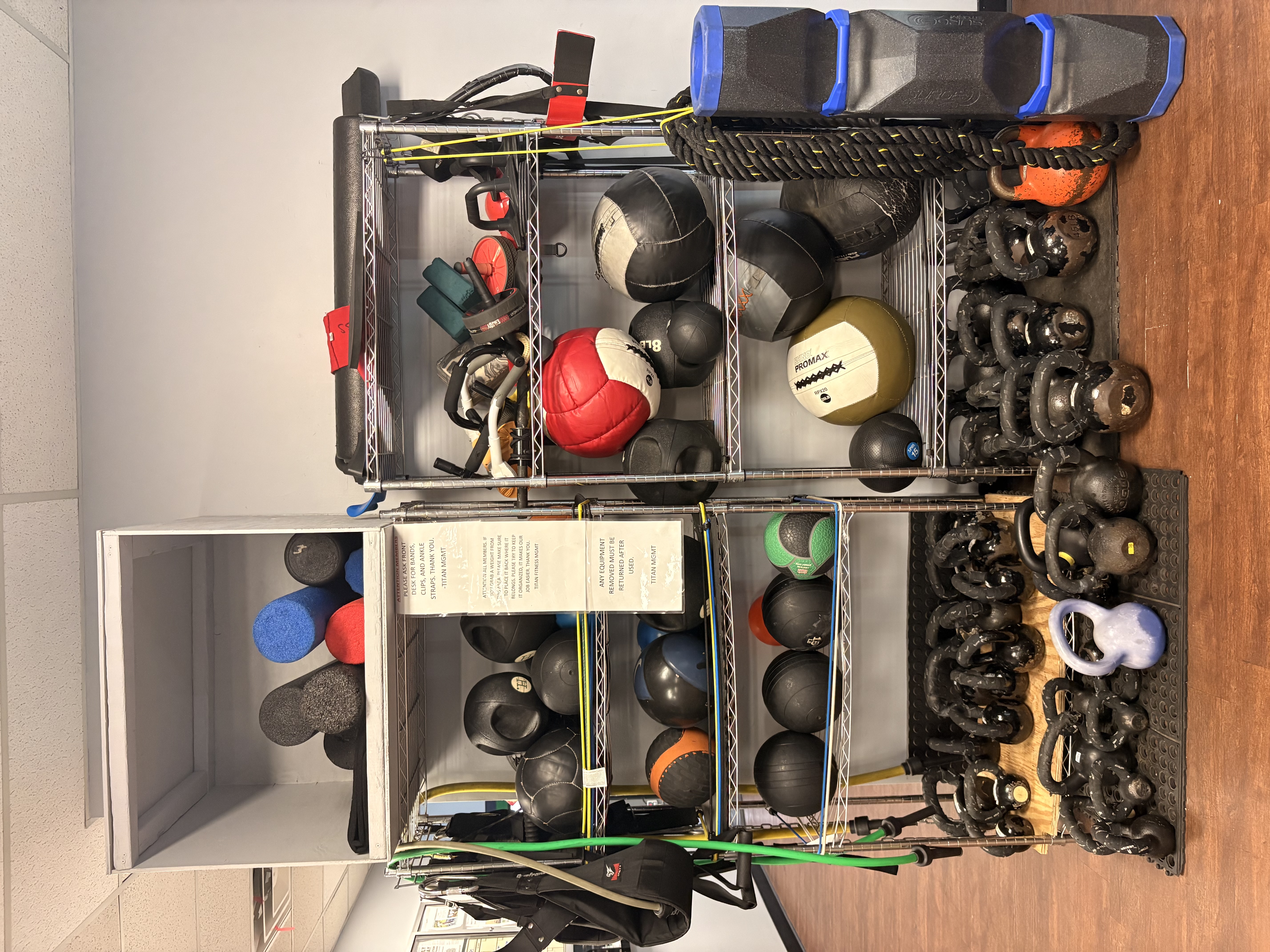 Kettlebells, medicine balls, resistance bands and rollers